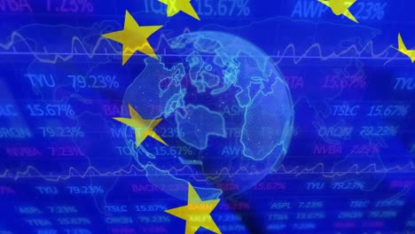 Animation-of-globe-over-flag-of-eu-and-stock-market