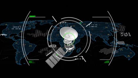 Animation-of-satellite-over-world-map,-scope-scanning-and-data-processing-on-black-background