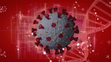 Animation-Einer-Viruszelle-über-Molekülen-Und-DNA-Strang-Auf-Rotem-Hintergrund