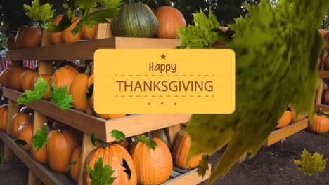 Animation-of-happy-thanksgiving-text-over-pumpkins-and-autumn-leaves-background