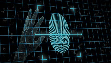Animation-of-biometric-fingerprint,-hand,-data-processing-over-grid