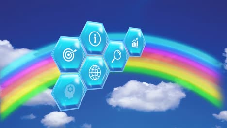Animation-of-education-and-learning-icons-on-blue-hexagons-over-rainbow-on-blue-sky