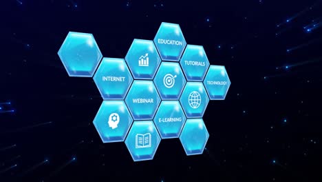 Animation-of-education-and-learning-text-and-icons-on-blue-hexagons-over-stars-on-blue-background