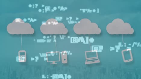 Animation-Digitaler-Wolken,-Markierungen-Und-Technologiesymbole-über-Dem-Stadtbild