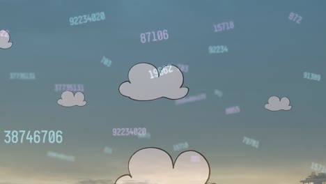 Animation-of-digital-clouds,-numbers-and-sky
