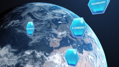 Animation-of-education-and-learning-text-on-blue-hexagons-over-globe-on-blue-background