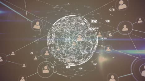 Animation-of-network-of-connections-with-icons-and-globe-over-black-background