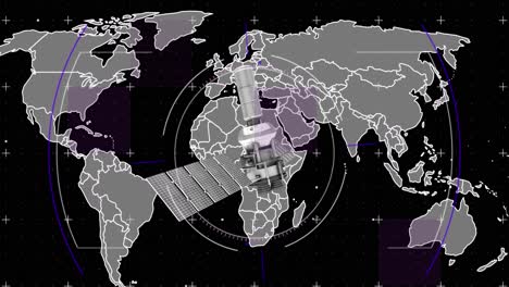 Animation-Des-Satelliten-über-Der-Weltkarte-Und-Scannen-Des-Zielfernrohrs-Auf-Schwarzem-Hintergrund