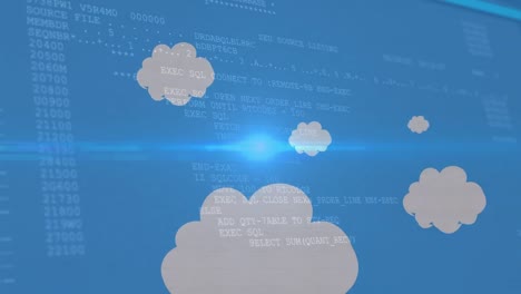 Animación-De-Nubes-Digitales,-Luces-Y-Procesamiento-De-Datos.