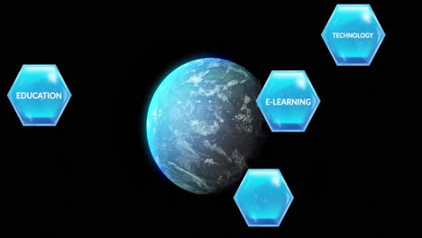 Animation-of-education-and-learning-text-on-blue-hexagons-over-globe-on-black-background