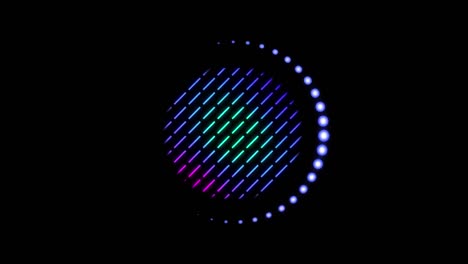 Animation-of-circle-of-colourful-stripes-and-ring-of-glowing-blue-dots-moving-on-black-background