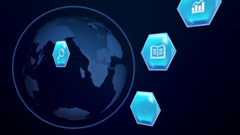 Animation-of-education-and-learning-icons-on-blue-hexagons-over-globe-on-blue-background