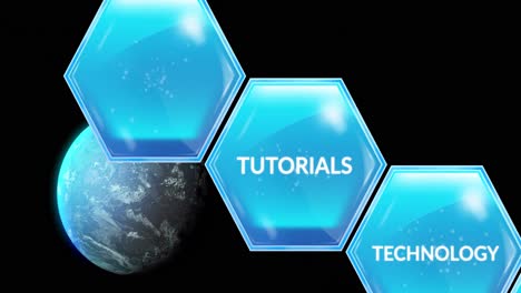 Animation-of-education-and-learning-text-on-blue-hexagons-over-globe-on-blue-background