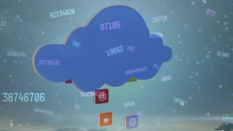 Animation-of-digital-clouds,-numbers-and-tech-icons