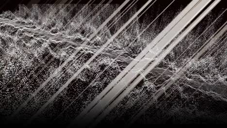Animation-of-white-diagonal-lines-over-waves-of-white-particles-on-black-background
