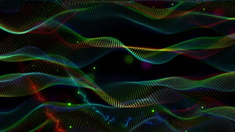 Animation-of-glowing-multi-coloured-mesh-light-trails-moving-on-back-background