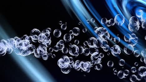 Animation-of-transparent-bubbles-over-blue-light-moving-on-black-background