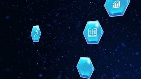 Animation-of-education-and-learning-icons-on-blue-hexagons-over-stars-on-blue-background