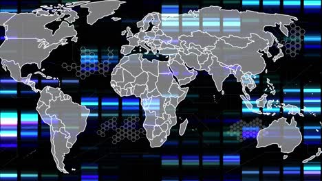 Animation-of-world-map-and-data-processing-over-black-background