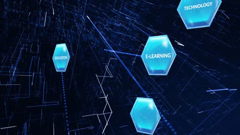 Animation-of-education-and-learning-text-on-blue-hexagons-over-light-trails-on-blue-background