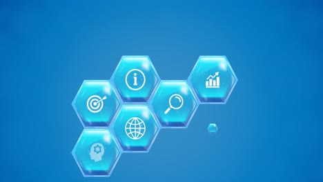 Animation-of-education-and-learning-blue-hexagon-icons-on-blue-background