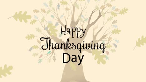 Animation-of-happy-thanksgiving-text-day-over-tree-and-autumn-leaves-on-yellow-background