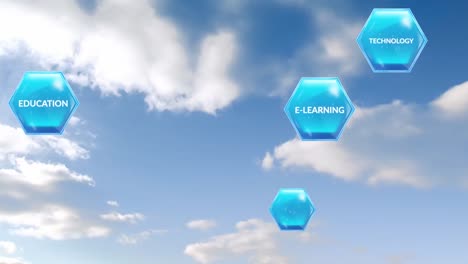 Animation-of-education-and-learning-text-on-blue-hexagons-over-clouds-on-blue-sky