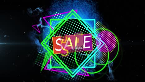 Animation-of-sale-text-over-colorful-shapes-on-black-background