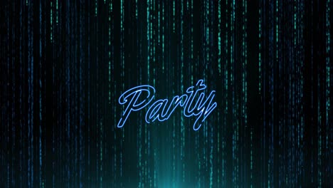 Animation-of-party-blue-neon-text-over-green-light-trails-in-background