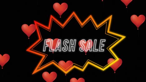 Animation-of-flash-sale-over-shape-and-hearts-on-black-background