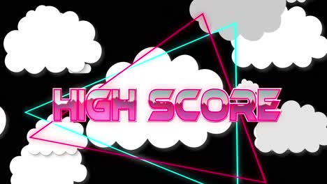 Animation-of-high-score-over-triangles-and-clouds-on-black-background