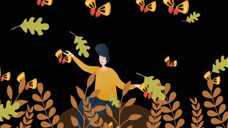 Animation-Der-Illustration-Fliegender-Schmetterlinge-Und-Blätter-über-Einer-Frau,-Die-Auf-Einem-Braunen-Globus-Sitzt