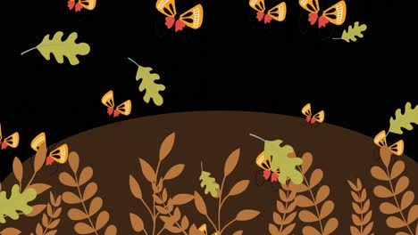 Animation-of-illustration-of-flying-butterflies-and-leaves-over-brown-globe-on-black-background