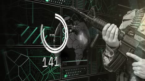 Animation-of-hand-of-soldier-holding-gun-over-scanner,-globe-and-data-processing-on-interface