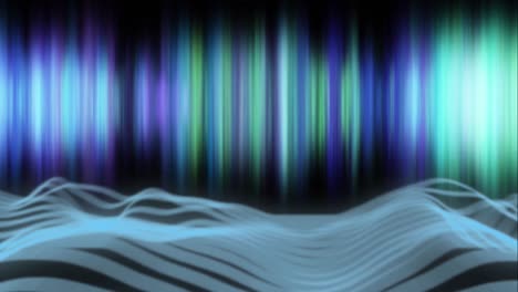 Animation-of-glowing-blue-and-green-light-trails-and-blue-waves-moving-on-back-background
