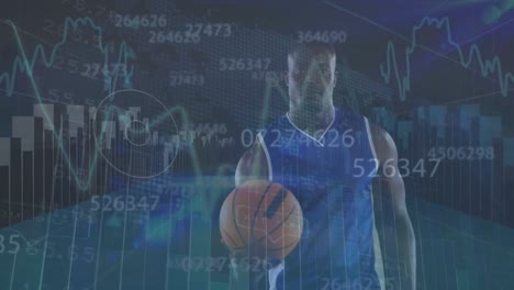 Animation-of-graphs-and-numbers-over-african-american-man-with-basketball