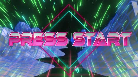 Animation-of-press-start-text-and-square-shapes-moving-amidst-mountains-against-loop-neon-lights