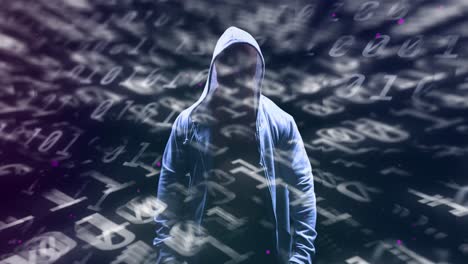 Animation-of-binary-coding-and-data-processing-over-male-hacker-in-hoodie