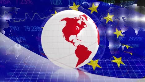 Animation-loop-of-globe,-graphical-map,-grid-pattern,-stock-market-ticker-and-european-union-flag