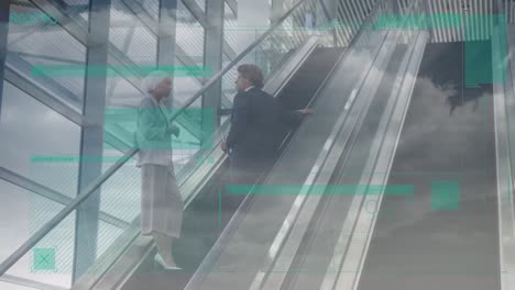 Animation-of-digital-interface-over-multiracial-colleagues-talking-while-standing-on-escalator