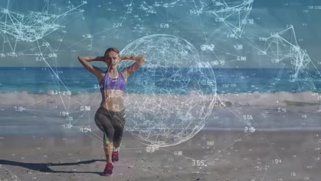 Animation-of-globe-with-network-of-connections-over-caucasian-woman-exercising-at-beach