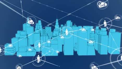 Animation-Eines-Netzwerks-Von-Verbindungen-Mit-Symbolen-über-Einer-Digitalen-Stadt-Auf-Schwarzem-Hintergrund