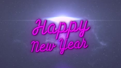 Animation-Eines-Frohen-Neuen-Jahres-Mit-Rosafarbenem-Neontext-über-Leuchtendem-Licht-Auf-Dunklem-Hintergrund
