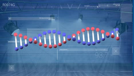 Animation-Eines-DNA-Strangs,-Der-Sich-über-Die-Datenverarbeitung-Auf-Blauem-Hintergrund-Dreht