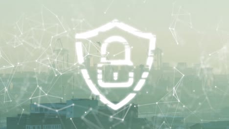 Animation-of-connections-and-digital-padlock,-floating-over-cityscape