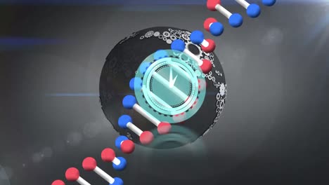 Animation-Von-Globus,-Uhr-Und-DNA-Auf-Grauem-Hintergrund