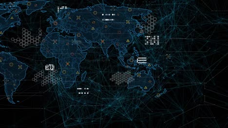 Animation-Der-Weltkarte-über-Ein-Netzwerk-Von-Verbindungen-Auf-Schwarzem-Hintergrund