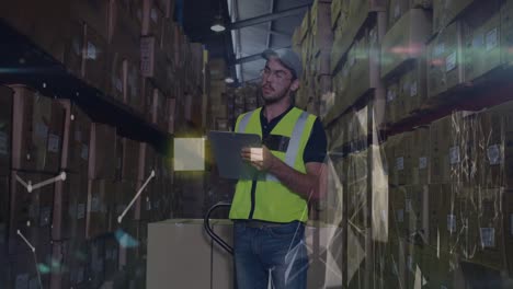 Animation-of-lights-over-caucasian-male-warehouse-worker