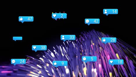 Animation-of-social-media-reactions-over-pink-and-blue-lights-on-black-background