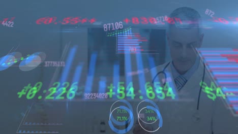 Animation-of-digital-counter-and-various-charts-moving-over-caucasian-doctor-using-digital-tablet